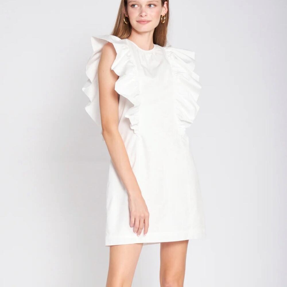 En Saison Lifted Mini Dress White Cotton Ruffle Shift Medium